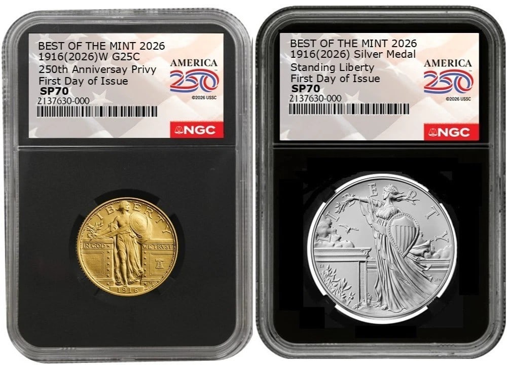 NGC FDOI 2026-W Standing Liberty gold quarter silver medal set (1 of 2)