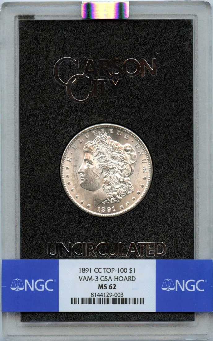 NGC MS62 1891 Carson City Morgan Dollar VAM-3 GSA Hoard Top 100: NGC MS62 1891 Carson City Morgan Dollar VAM-3 GSA Hoard Top 100 This is an 1891-CC Morgan Dollar, identified as a VAM-3 Top-100 variety from the GSA Hoard. Graded MS62 by NGC, this uncirculated coin w