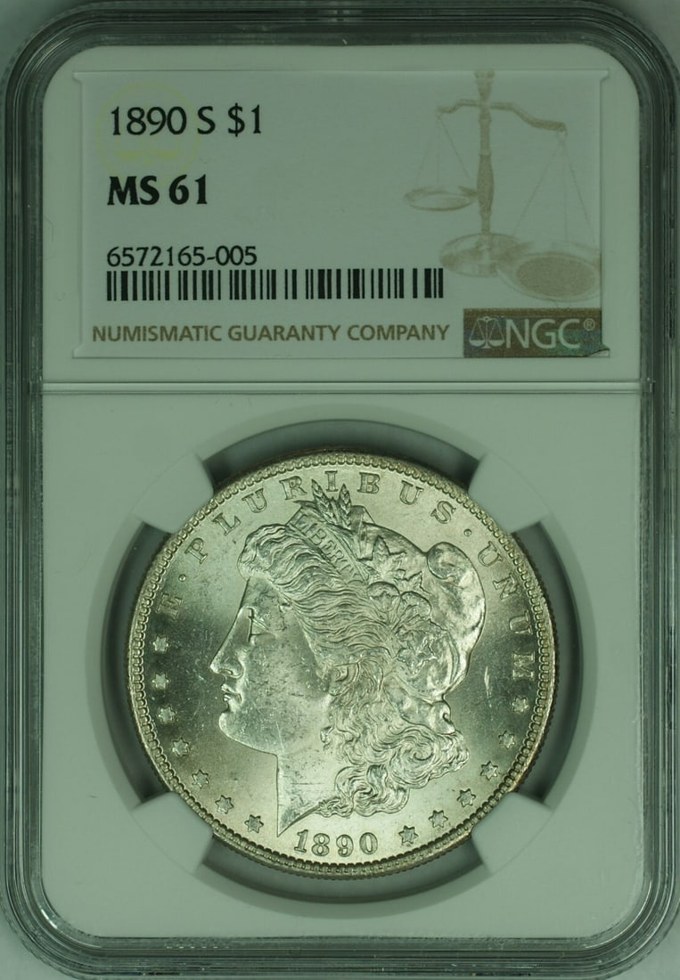 NGC MS-61 1890-S Morgan Dollar San Francisco Silver $1 Coin: NGC MS-61 1890-S Morgan Dollar San Francisco Silver $1 Coin This 1890-S Morgan Silver Dollar is certified by NGC with a grade of MS-61. Struck at the San Francisco Mint, it is an uncirculated $1 coin 