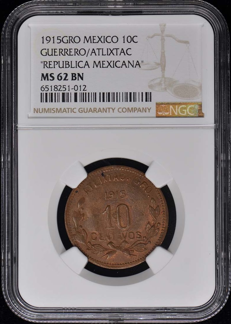 1915 Mexico Guerrero Atlixtac 10C NGC MS62 Uncirculated Coin: 1915 Mexico Guerrero Atlixtac 10C NGC MS62 Uncirculated Coin This 1915 Guerrero-Atlixco 10 Centavo coin from Mexico is in uncirculated condition, showcasing its pristine features. Certified by NGC wit