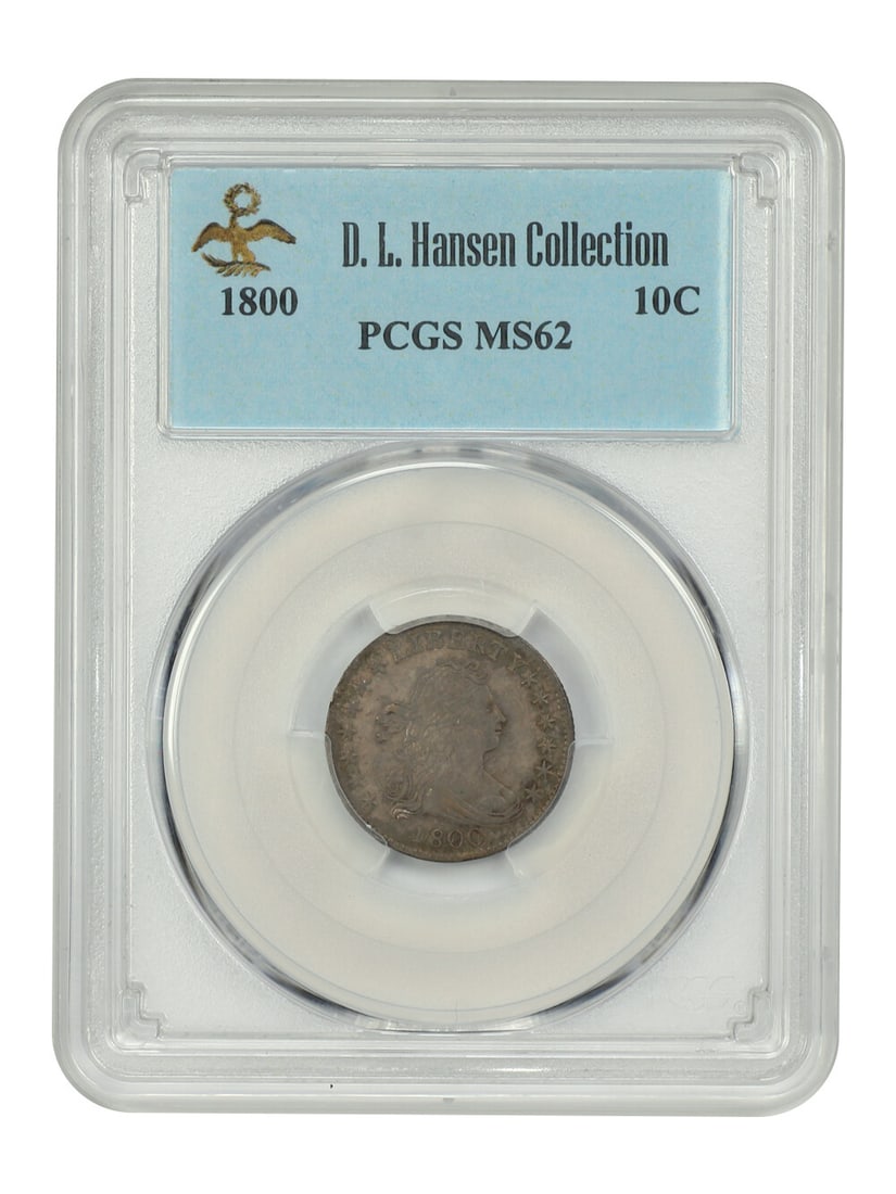 1800 Draped Bust Dime PCGS MS62 ex D.L. Hansen: 1800 Draped Bust Dime PCGS MS62 ex D.L. Hansen An 1800 Draped Bust Dime certified by PCGS and graded MS62. Minted in Philadelphia, this uncirculated 10C issue is noted for its low mintage of 21,760 co