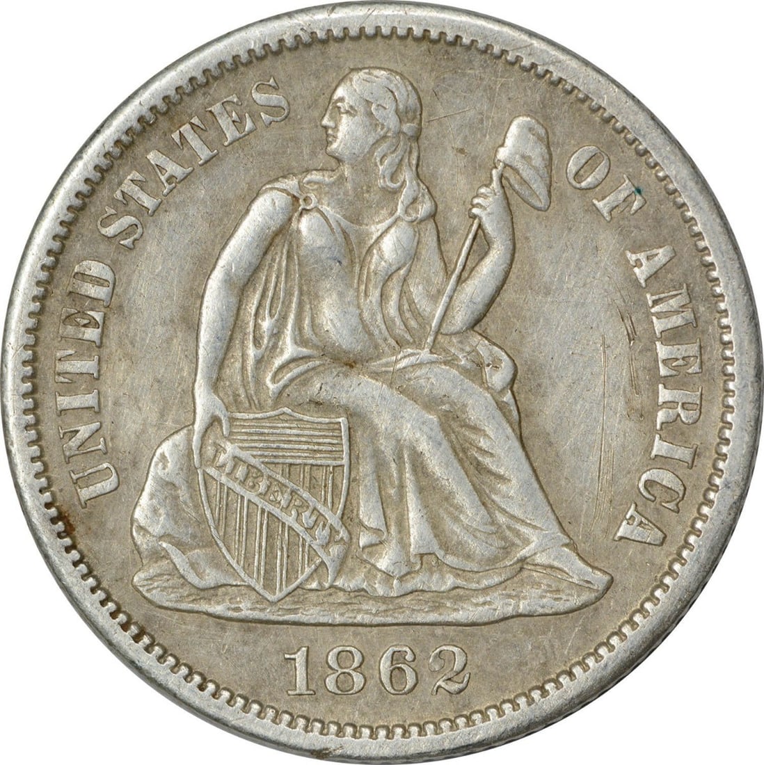 1862-S Liberty Seated Silver Dime 10C XF San Francisco: 1862-S Liberty Seated Silver Dime 10C XF San Francisco This 1862-S Liberty Seated Silver Dime features a captivating design by Christian Gobrecht, showcasing the classic Seated Liberty motif. Struck i