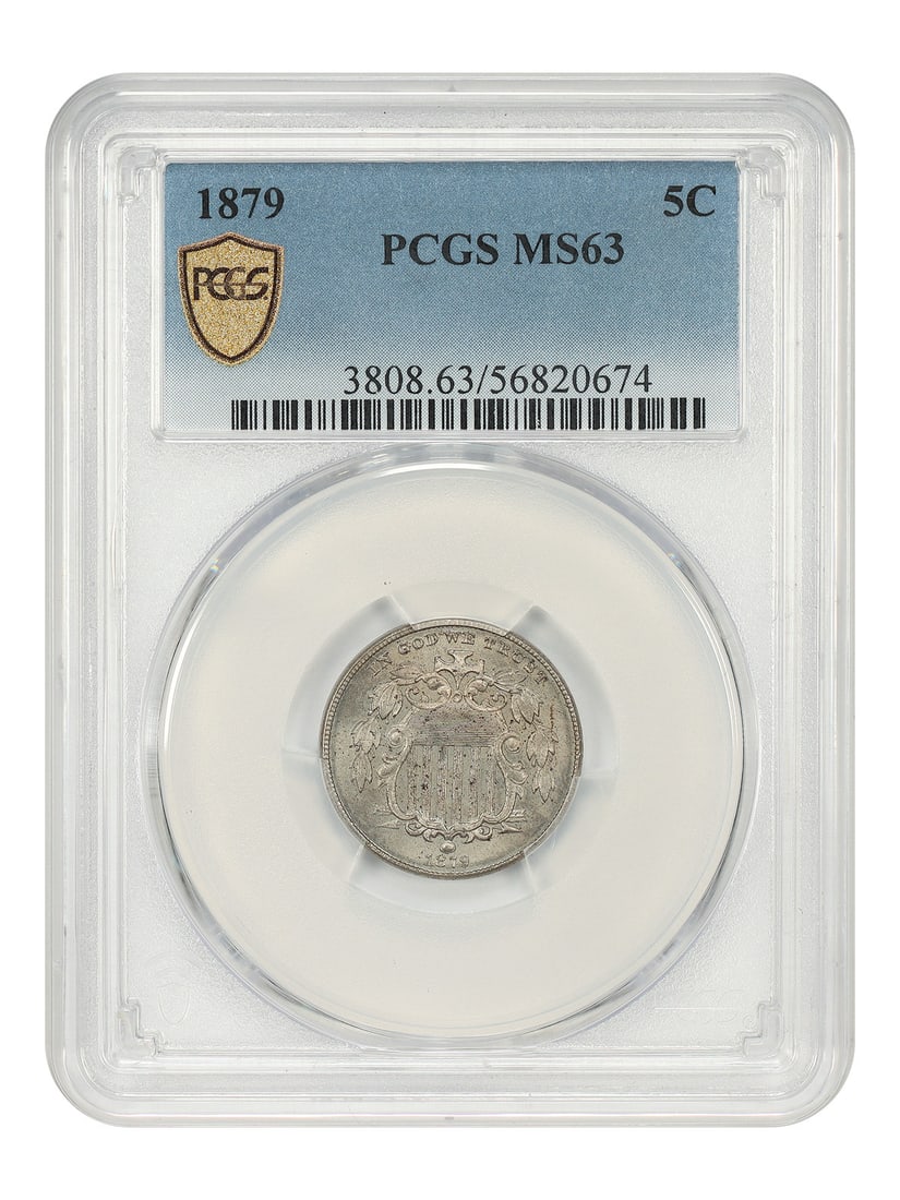 Shield Nickel 1879 5C PCGS MS63 Philadelphia: Shield Nickel 1879 5C PCGS MS63 Philadelphia 1879 Shield Nickel graded PCGS MS63. This uncirculated 5C coin from Philadelphia has a low mintage of only 25,900 pieces, and gem examples are very scarce.