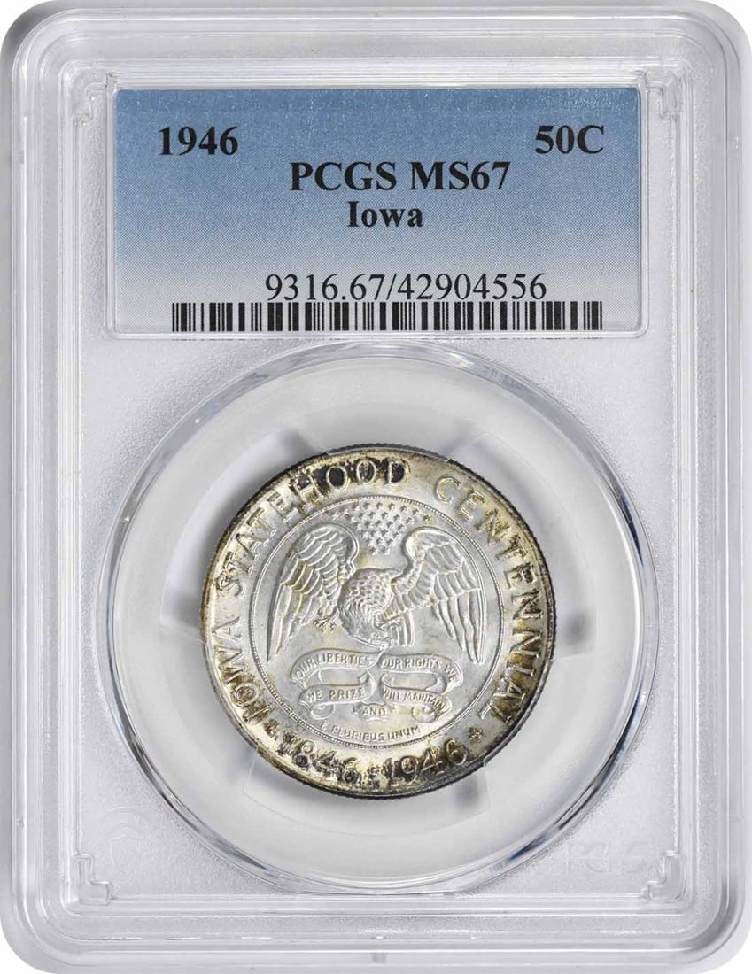 1946 Iowa Commemorative Half Dollar PCGS MS67 Silver: 1946 Iowa Commemorative Half Dollar PCGS MS67 Silver 1946 Iowa commemorative silver half dollar graded MS67 by PCGS. This uncirculated coin is struck in 90% silver and 10% copper, with a reeded edge a
