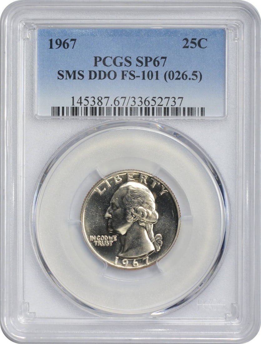 1967 Washington Quarter DDO FS-101 SP67 Uncirculated PCGS: 1967 Washington Quarter DDO FS-101 SP67 Uncirculated PCGS This 1967 Washington Quarter is a remarkable example of numismatic artistry, featuring a Special Strike from the Philadelphia Mint. Graded SP6