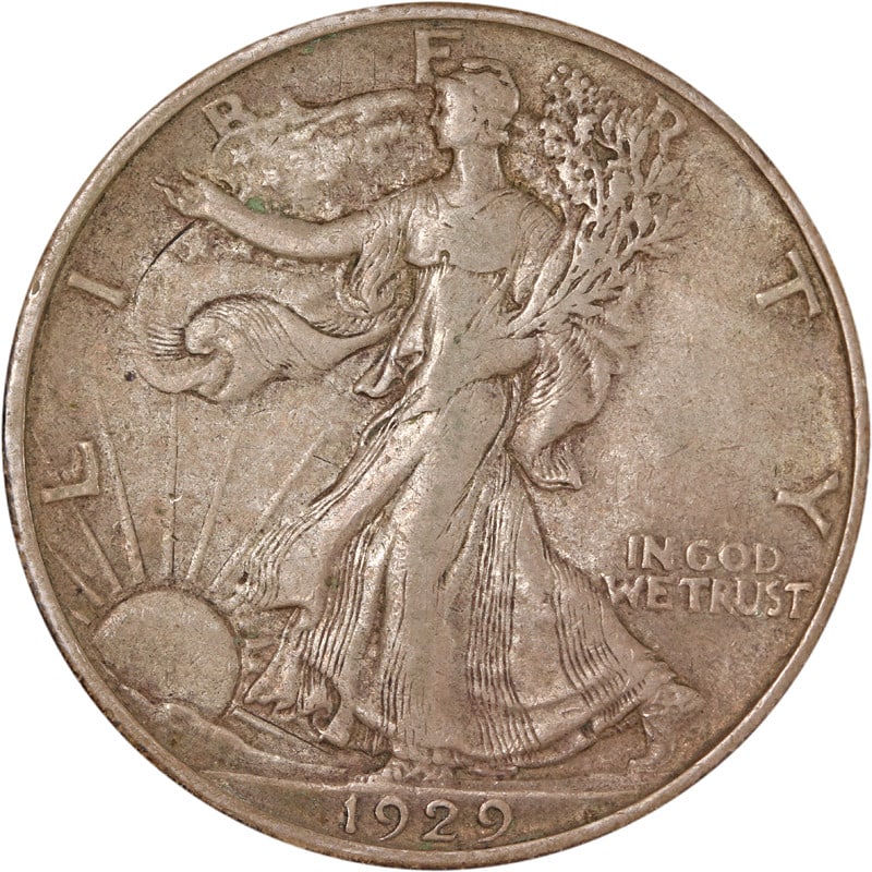 1929 San Francisco Silver Walking Liberty Half Dollar Coin Circulated: 1929 San Francisco Silver Walking Liberty Half Dollar Coin Circulated This is a 1929-S Walking Liberty Half Dollar, minted in San Francisco. The coin is composed of silver and is in circulated, pre-ow