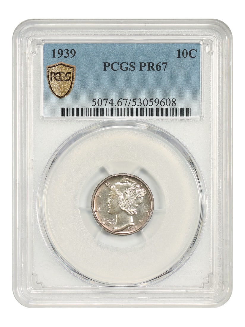 Mercury Dime 1939 10C PCGS PR67 Proof: Mercury Dime 1939 10C PCGS PR67 Proof 1939 10C Mercury Dime certified by PCGS as PR67. This Philadelphia-minted proof coin has a mintage of just 9,321 coins in proof format. Condition: Pre-Owned. Spec