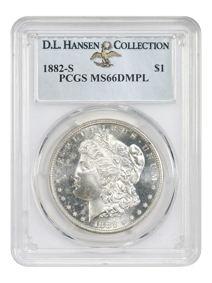 1882 S Morgan Dollar PCGS MS66DMPL Finest Known Ex D.L. Hansen: 1882 S Morgan Dollar PCGS MS66DMPL Finest Known Ex D.L. Hansen 1882-S Morgan Dollar certified by PCGS and graded MS66 DMPL. This uncirculated San Francisco issue is described as having deep, bowl-like