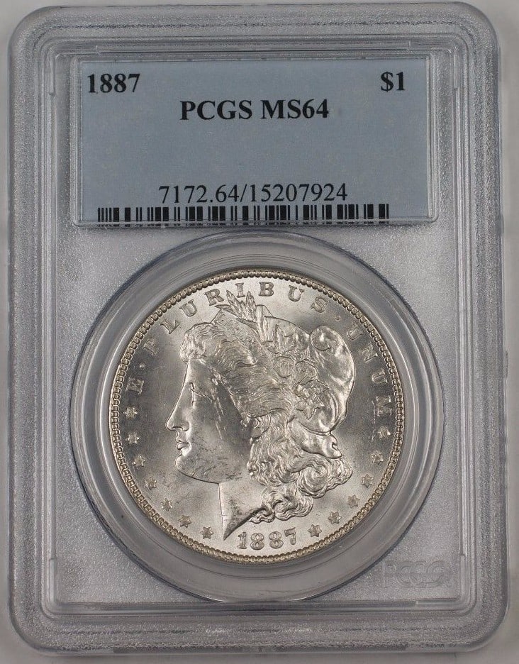 PCGS MS64 1887 Morgan Dollar Silver Coin Light Toning Uncirculated: PCGS MS64 1887 Morgan Dollar Silver Coin Light Toning Uncirculated This 1887 US Morgan Silver Dollar is a $1 coin graded MS-64 by PCGS. It features a lightly toned finish and was minted in Philadelphi