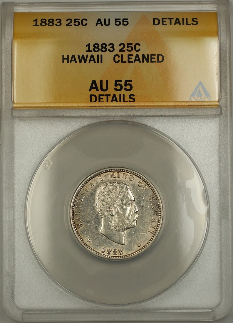 ANACS AU55 1883 Hawaii silver quarter cleaned: ANACS AU55 1883 Hawaii silver quarter cleaned This is an 1883 Hawaii Silver Quarter 25-cent coin, graded AU-55 Details (About Uncirculated) by ANACS. The coin is composed of silver and has been noted 