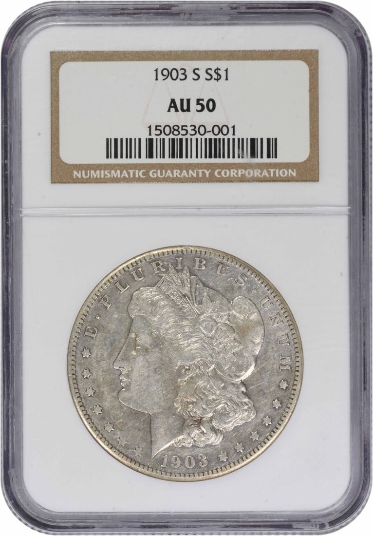 AU50 NGC Certified 1903 San Francisco Morgan Silver Dollar: AU50 NGC Certified 1903 San Francisco Morgan Silver Dollar This 1903-S Morgan Silver Dollar, certified AU50 by NGC, features a composition of 90% silver and 10% copper. Minted in San Francisco and des