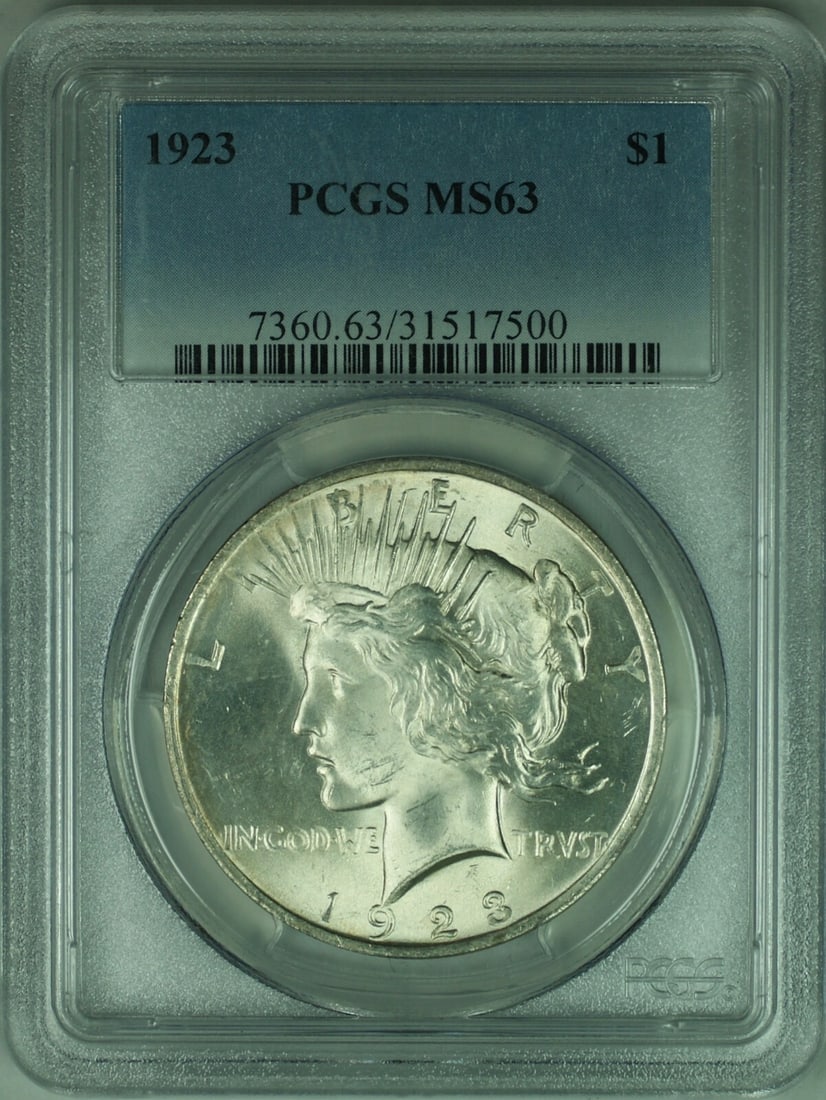 PCGS MS63 1923 Peace Dollar Silver S$1: PCGS MS63 1923 Peace Dollar Silver S$1 This is a 1923 Peace Silver Dollar graded MS63 by PCGS. Struck in Philadelphia, this uncirculated coin is composed of 90% silver and represents the iconic Peace 