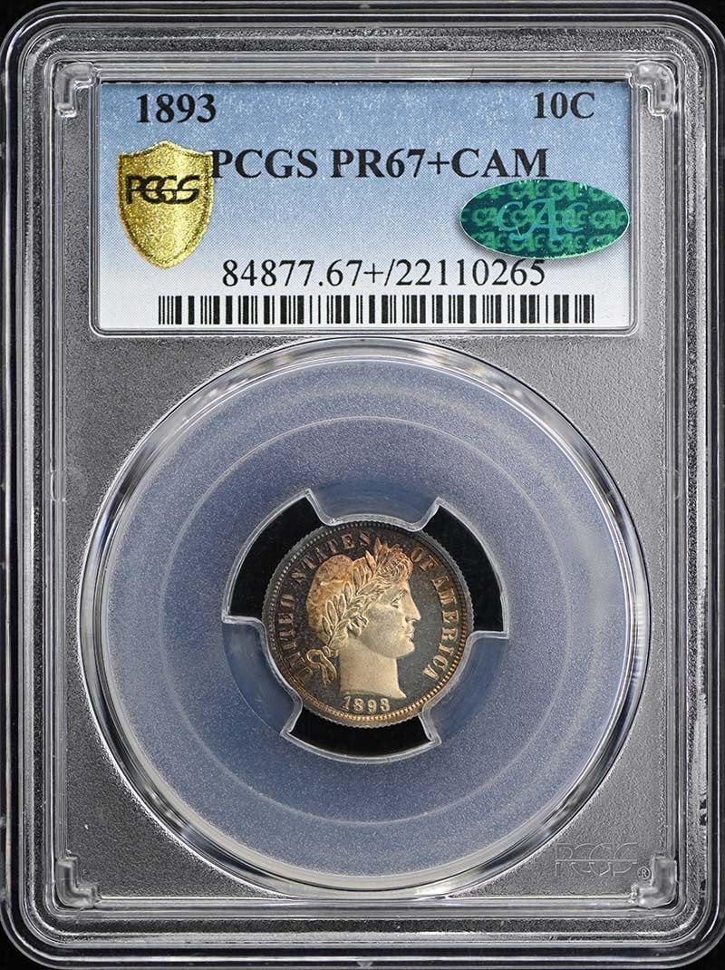 1893 Barber Dime Proof PCGS PR67+CAM CAC: 1893 Barber Dime Proof PCGS PR67+CAM CAC This 1893 Barber Dime is a proof strike graded PR67+CAM by PCGS and features the CAC designation. Minted in Philadelphia, this uncirculated coin is a pre-owned