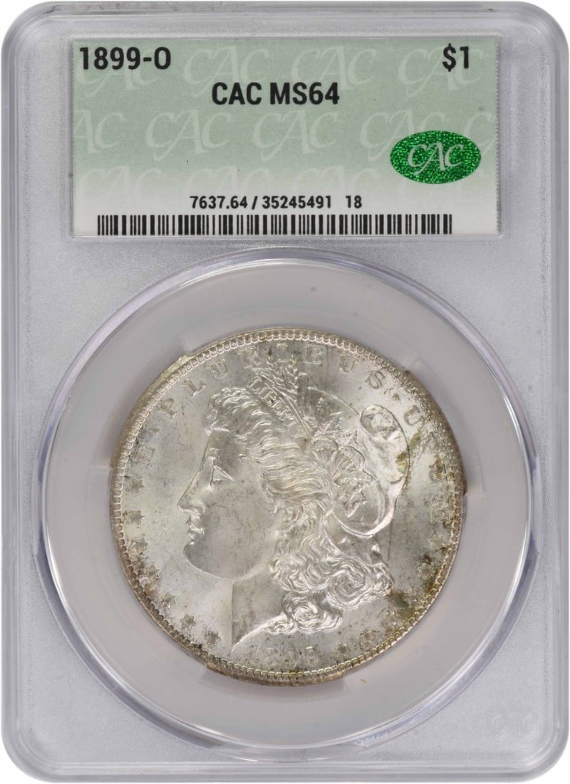 Uncirculated 1899-O Morgan Dollar MS64 CACG Certified 90 Percent Silver Coin: Uncirculated 1899-O Morgan Dollar MS64 CACG Certified 90 Percent Silver Coin This 1899-O Morgan Silver Dollar is certified by CACG with a grade of MS64. Minted in New Orleans, this uncirculated coin i