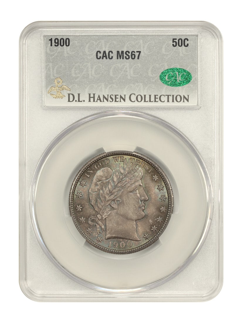 1900 Barber Half Dollar 50C CACG MS67 ex D.L. Hansen: 1900 Barber Half Dollar 50C CACG MS67 ex D.L. Hansen This 1900 Barber Half Dollar is an uncirculated 50C coin certified by CACG and graded MS67. It was struck at the Philadelphia Mint and is presented