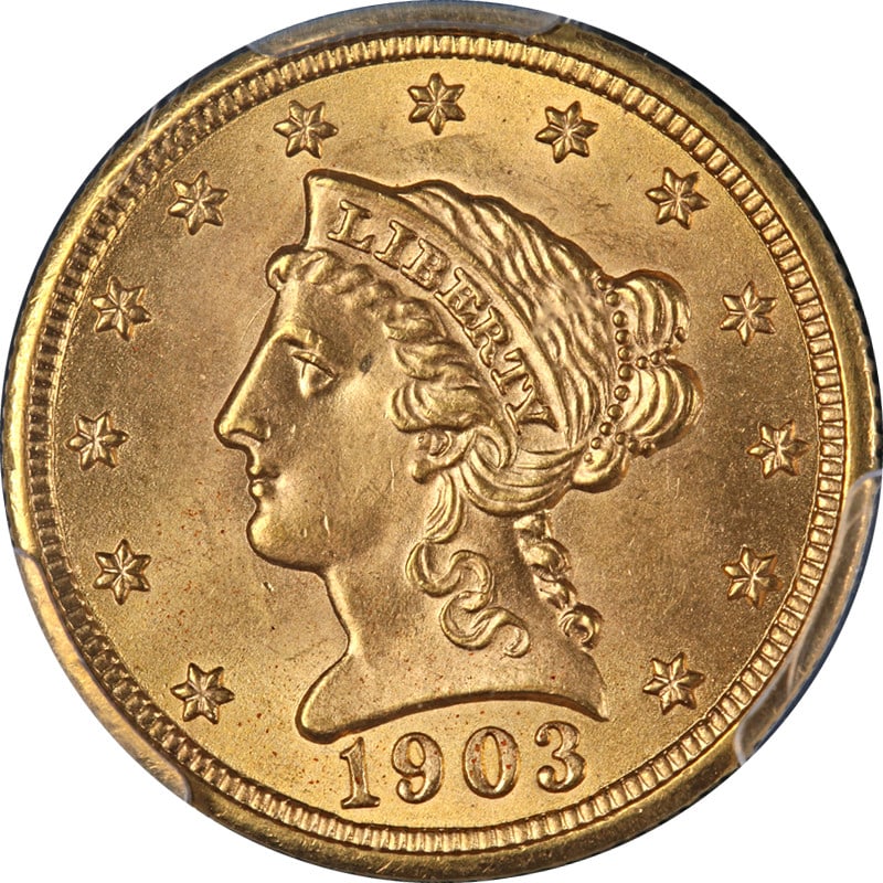 1903 $2.50 Liberty Gold Coin PCGS MS67 Strong Strike Gem: 1903 $2.50 Liberty Gold Coin PCGS MS67 Strong Strike Gem This 1903 Liberty Gold $2.50 coin is graded PCGS MS67, indicating it is uncirculated with superb eye appeal, strong strike, and excellent luste