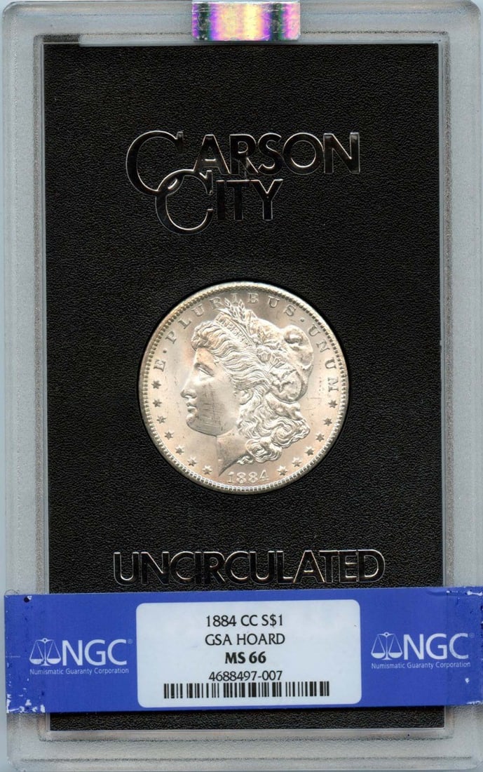 NGC MS66 1884 Carson City Morgan Silver Dollar GSA Hoard: NGC MS66 1884 Carson City Morgan Silver Dollar GSA Hoard This is an 1884-CC Morgan Dollar from the GSA Hoard, certified by NGC with a grade of MS66. The coin was minted in Carson City and remains unci