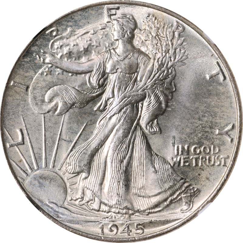 NGC MS67 1945 Philadelphia Walking Liberty Half Dollar Silver: NGC MS67 1945 Philadelphia Walking Liberty Half Dollar Silver This 1945-P Walking Liberty Half Dollar is certified by NGC with a grade of MS67. The coin features superb eye appeal, fantastic luster, a