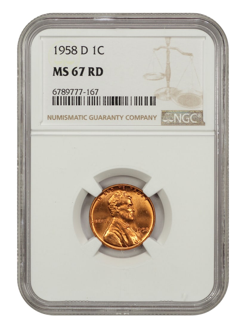 1958-D Lincoln Cent NGC MS67RD Wheat Reverse Coin: 1958-D Lincoln Cent NGC MS67RD Wheat Reverse Coin This is a 1958-D Lincoln Cent featuring the Wheat Reverse, certified by NGC with a grade of MS67RD, indicating it is in uncirculated condition with a 