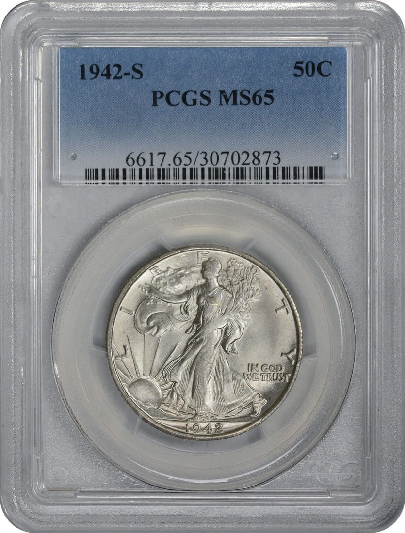 1942-S Walking Liberty Half Dollar MS65 PCGS 90% Silver: 1942-S Walking Liberty Half Dollar MS65 PCGS 90% Silver This stunning 1942-S Walking Liberty Half Dollar is graded MS65 by PCGS, ensuring its exceptional quality and preservation. Minted in San Franci