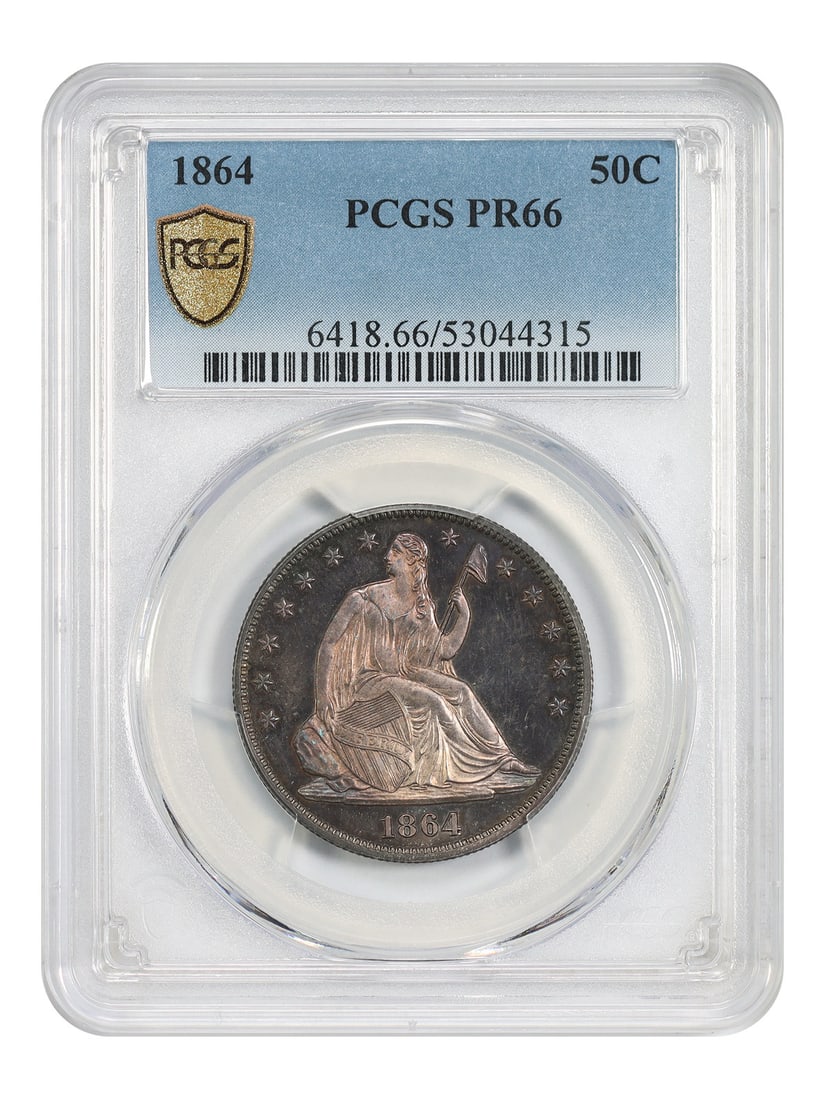 PCGS PR66 1864 Liberty Seated Half Dollar 50C: PCGS PR66 1864 Liberty Seated Half Dollar 50C 1864 Liberty Seated Half Dollar, denomination 50C, certified by PCGS as PR66. Struck at Philadelphia and described as uncirculated, this proof issue has a