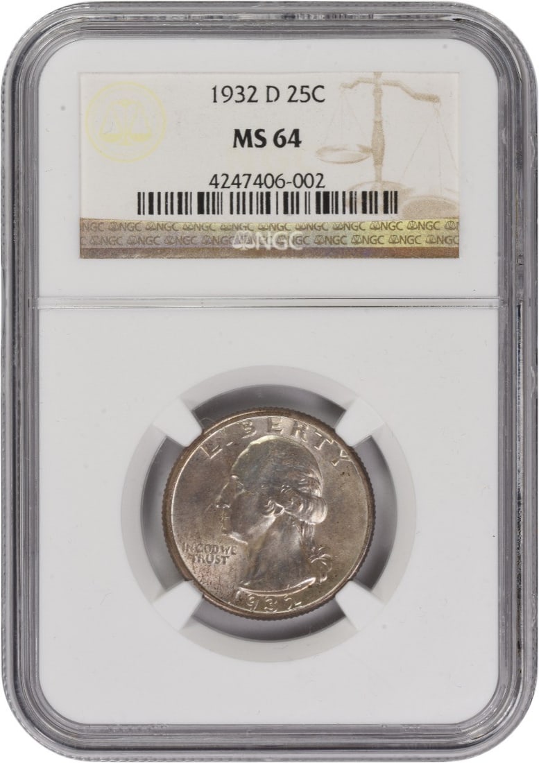 MS64 1932 Denver Washington Quarter NGC 90 Percent Silver: MS64 1932 Denver Washington Quarter NGC 90 Percent Silver This 1932-D Washington Quarter is composed of 90% silver and 10% copper, and was minted in Denver. Certified by NGC with a grade of MS64, it f