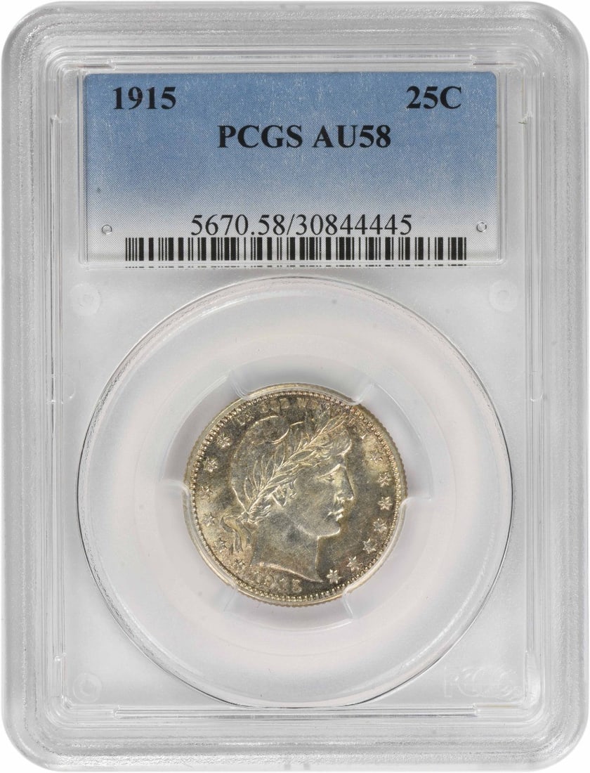 AU58 PCGS Graded 1915 Silver 25C Barber Quarter Coin: AU58 PCGS Graded 1915 Silver 25C Barber Quarter Coin This 1915 Barber Silver Quarter features the classic Barber design and is composed of silver. Graded AU58 by PCGS, this circulated coin originates 