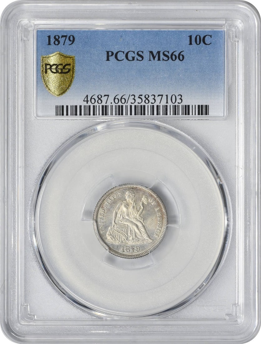 1879 Liberty Seated Silver Dime MS66 PCGS Uncirculated 90% Silver: 1879 Liberty Seated Silver Dime MS66 PCGS Uncirculated 90% Silver This 1879 Liberty Seated Silver Dime is a remarkable piece, graded MS66 by PCGS, ensuring its high quality and preservation. The coin 