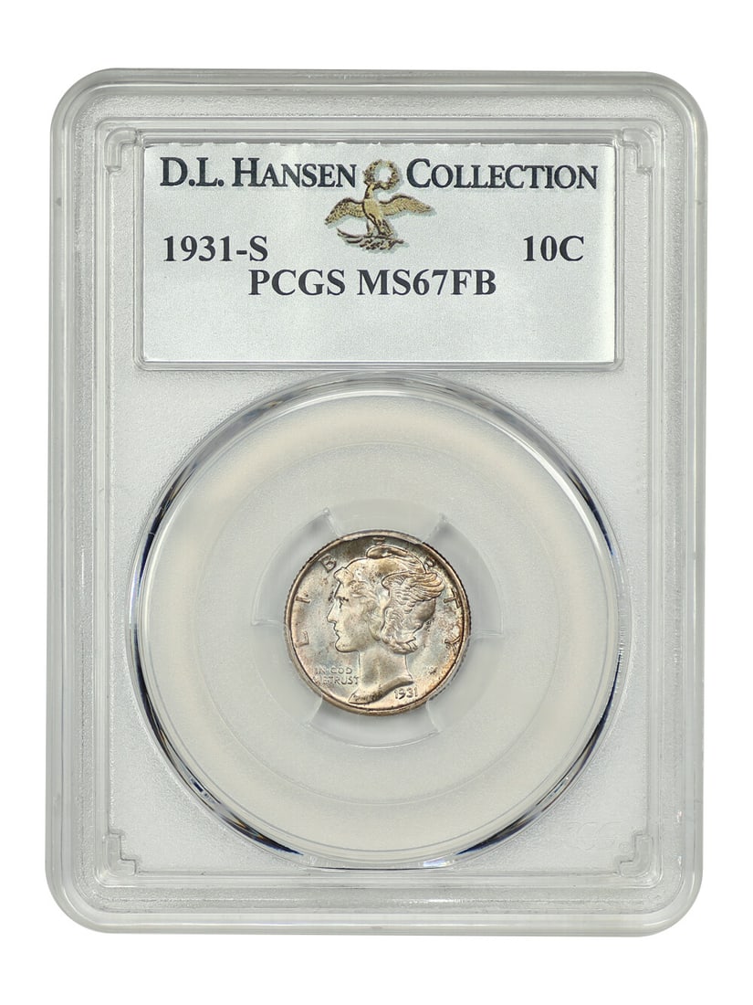 1931-S Mercury Dime PCGS MS67FB D.L. Hansen Collection: 1931-S Mercury Dime PCGS MS67FB D.L. Hansen Collection This stunning 1931-S Mercury Dime, certified by PCGS with a grade of MS67FB, is a remarkable find for collectors. With a low mintage of only 1.8 