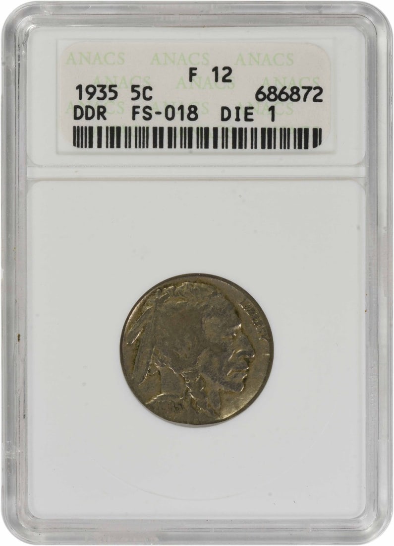 1935 Philadelphia Buffalo Nickel Double Die Reverse ANACS F12: 1935 Philadelphia Buffalo Nickel Double Die Reverse ANACS F12 This 1935 Buffalo Nickel, graded F12 by ANACS, features the rare Double Die Reverse (DDR) FS-801 variety. Designed by James Earle Fraser a