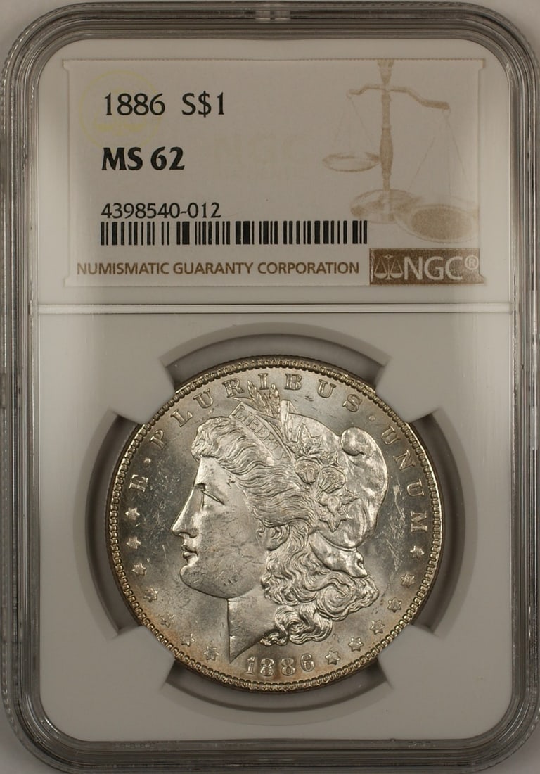 NGC MS-62 1886 Morgan Dollar Semi Proof-Like Silver Coin Philadelphia Mint: NGC MS-62 1886 Morgan Dollar Semi Proof-Like Silver Coin Philadelphia Mint This 1886 Morgan Silver Dollar is certified by NGC with a grade of MS-62 and features a semi proof-like finish. Struck in Phi