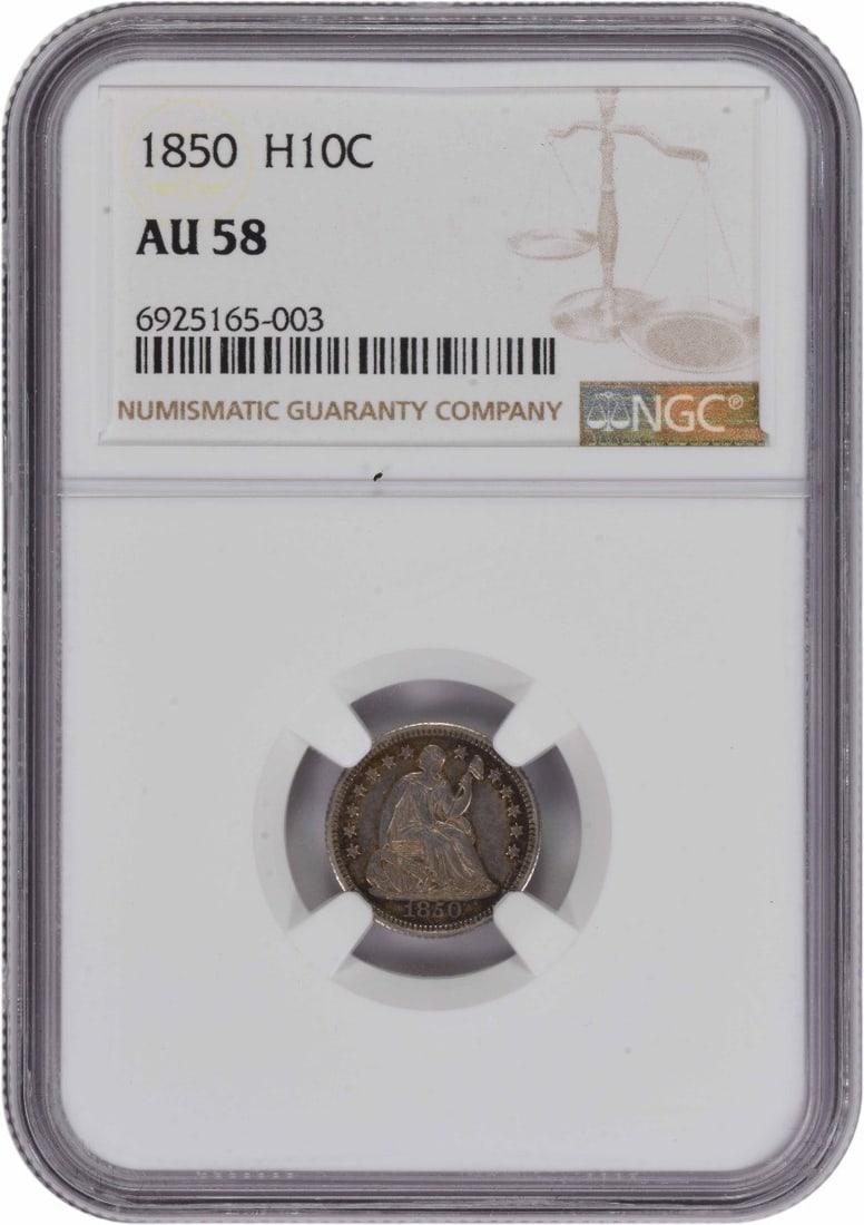 NGC AU58 1850 Seated Half Dime 90 Silver: NGC AU58 1850 Seated Half Dime 90 Silver This 1850 Liberty Seated Silver Half Dime is graded AU58 by NGC. Struck at the Philadelphia Mint, this coin features the classic Liberty Seated design by Rober