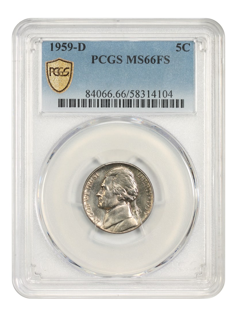 Jefferson Nickel 1959-D 5C PCGS MS66FS: Jefferson Nickel 1959-D 5C PCGS MS66FS 1959-D Jefferson Nickel graded PCGS MS66FS. This uncirculated 5C coin was struck at the Denver mint and is described as lofty and fully struck with intense luste