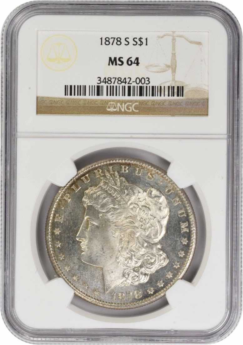NGC MS64 1878 San Francisco Morgan Dollar 90 Percent Silver Coin: NGC MS64 1878 San Francisco Morgan Dollar 90 Percent Silver Coin This is an 1878-S Morgan Silver Dollar, graded MS64 by NGC. Struck at the San Francisco Mint, this uncirculated coin features a composi