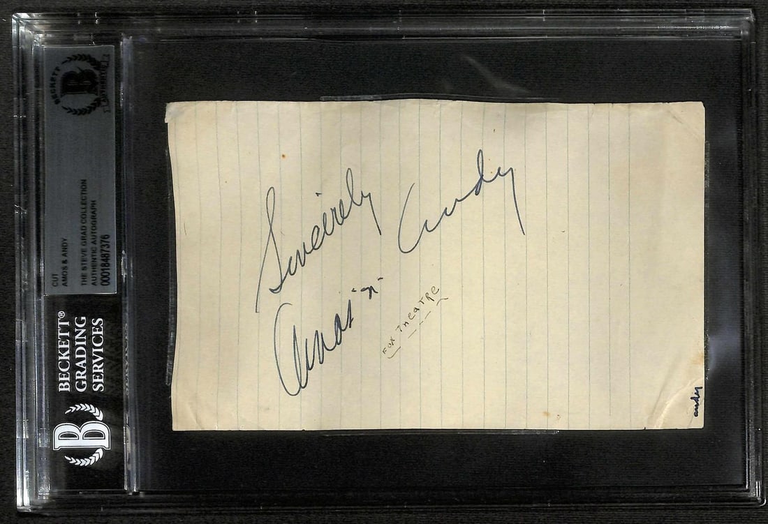 Beckett Encapsulated Amos n Andy Dual Signed Cut Correll Gosden: Beckett Encapsulated Amos n Andy Dual Signed Cut Correll Gosden This is a hand-signed cut featuring the authentic signatures of Charles Correll and Freeman Gosden, the iconic comedy duo known as Amos 