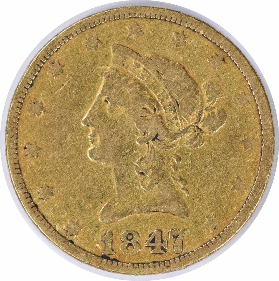 1847-O $10 Gold Liberty Head Coin by Christian Gobrecht Uncertified: 1847-O $10 Gold Liberty Head Coin by Christian Gobrecht Uncertified This 1847-O $10 Gold Liberty Head coin features a classic design by Christian Gobrecht, reflecting its historical significance as a 