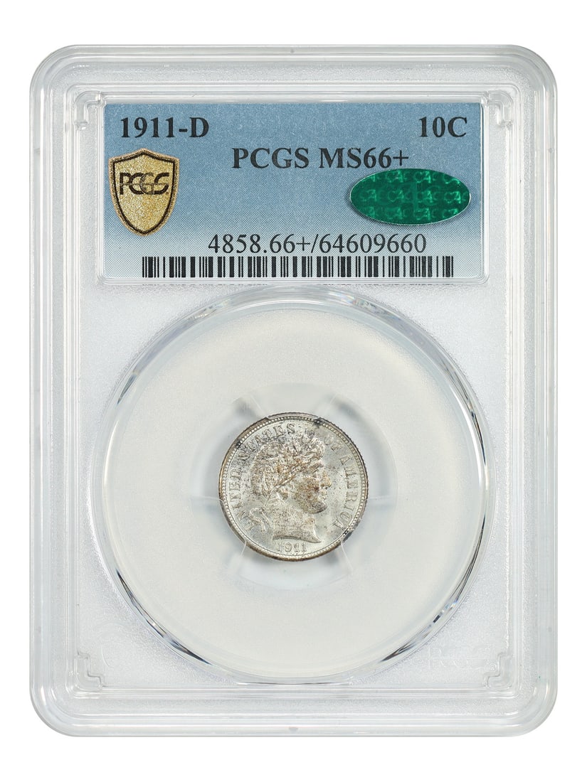 Barber Dime 1911-D 10C PCGS MS66+ CAC Approved: Barber Dime 1911-D 10C PCGS MS66+ CAC Approved 1911-D Barber Dime certified by PCGS and graded MS66+ with CAC approval. This uncirculated 10C coin from the Denver mint is described as sharply defined 