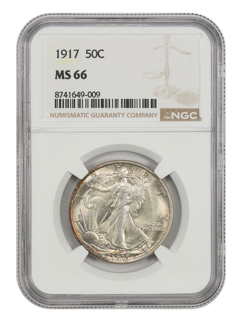 NGC MS66 1917 Walking Liberty Half Dollar 50C: NGC MS66 1917 Walking Liberty Half Dollar 50C 1917 50C Walking Liberty Half Dollar certified by NGC as MS66. Minted in Philadelphia, this uncirculated example is noted for its luminous luster, smooth 