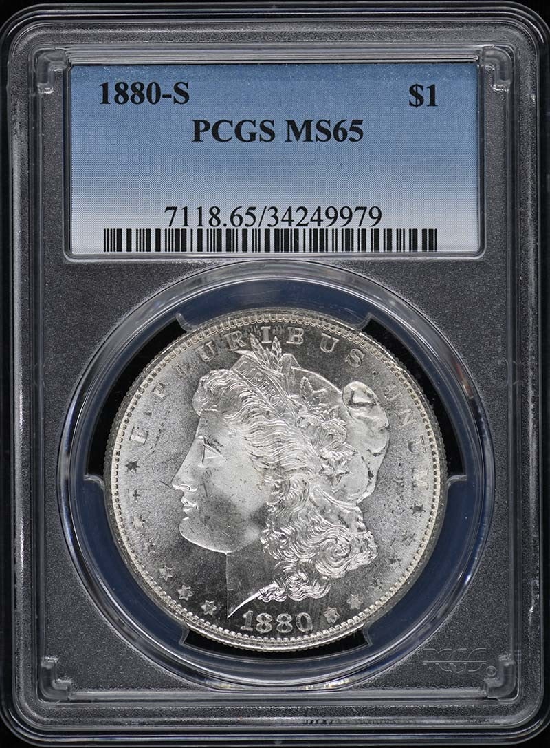PCGS MS65 1880-S Morgan Silver Dollar: PCGS MS65 1880-S Morgan Silver Dollar This 1880-S Morgan Dollar is graded MS65 by PCGS, indicating a high level of preservation and detail. Struck at the San Francisco Mint, this uncirculated coin is 
