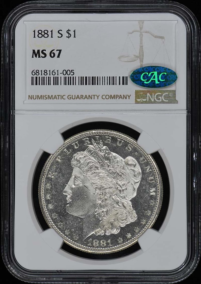 1881-S Morgan Dollar NGC MS67 CAC Uncirculated Coin: 1881-S Morgan Dollar NGC MS67 CAC Uncirculated Coin This 1881-S Morgan Dollar is a stunning example of American coinage, certified by NGC with a grade of MS67, indicating it is in uncirculated conditi