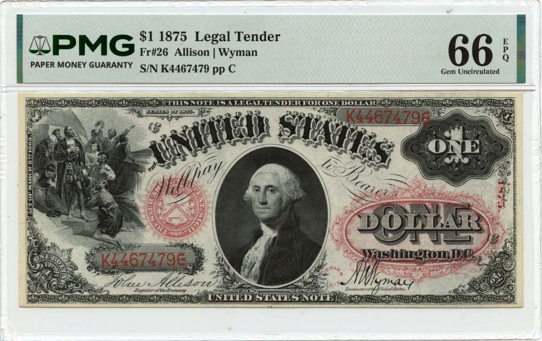 1875 United States $1 Legal Tender Note PMG GEM 66 EPQ (1 of 2)