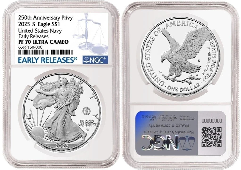 2025 Silver Eagle Proof NGC PR70 U.S. Navy Privy Early Release: 2025 Silver Eagle Proof NGC PR70 U.S. Navy Privy Early Release This 2025-S Proof American Silver Eagle coin features the U.S. Navy privy mark, signifying its special edition. Struck by the U.S. Mint, 