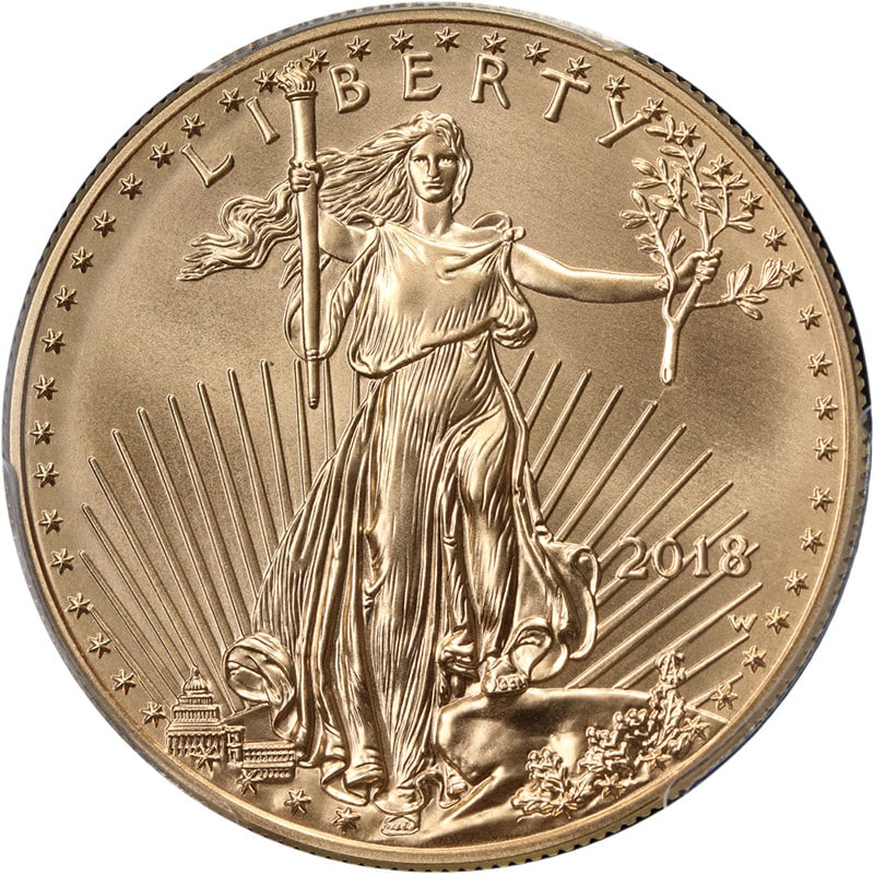 PCGS SP70 First Strike 2018-W $50 Gold Eagle Burnished Coin: PCGS SP70 First Strike 2018-W $50 Gold Eagle Burnished Coin This 2018-W Gold American Eagle $50 coin is a burnished issue graded SP70 by PCGS, indicating a perfect, uncirculated condition. It features