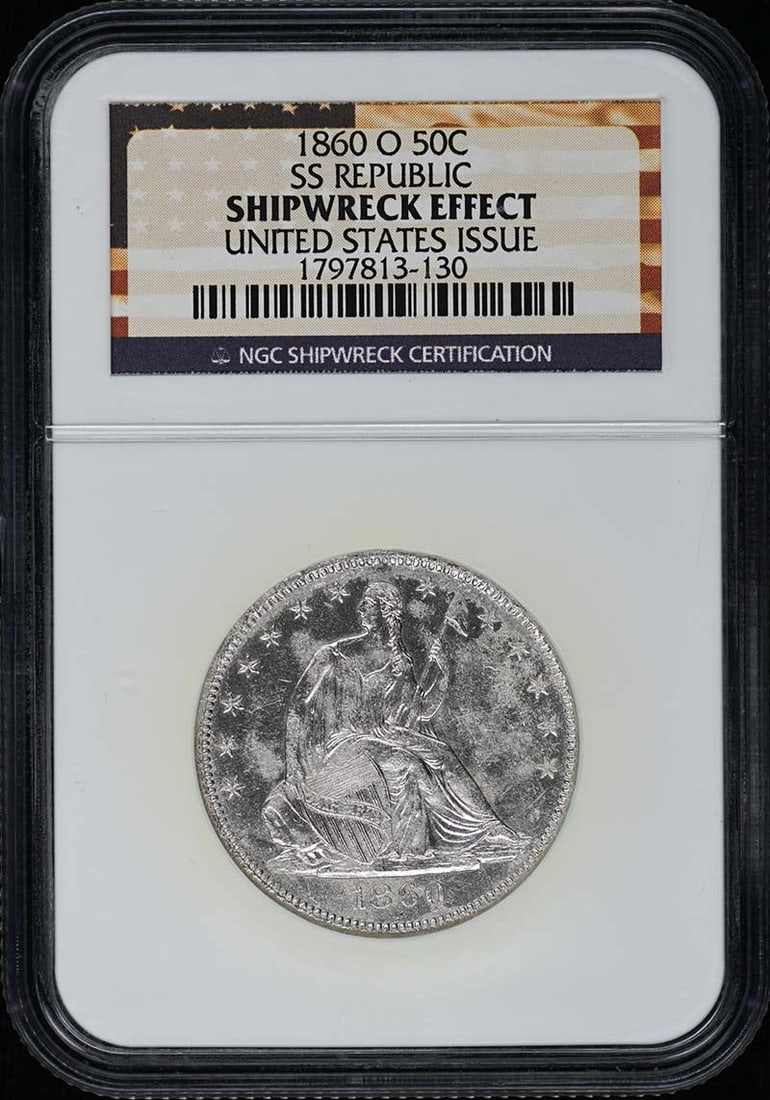 1860 Philadelphia Seated Liberty Half Dollar SS Republic NGC MS0: 1860 Philadelphia Seated Liberty Half Dollar SS Republic NGC MS0 This is an 1860 Seated Liberty Half Dollar, graded and certified by NGC. The coin is from the United States and features the Liberty Se