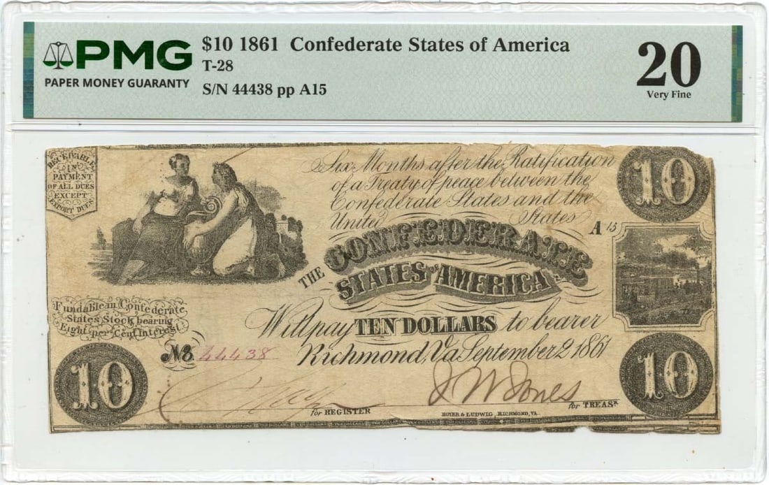 1861 Confederate $10 Note PMG VF20 T-28 (1 of 2)