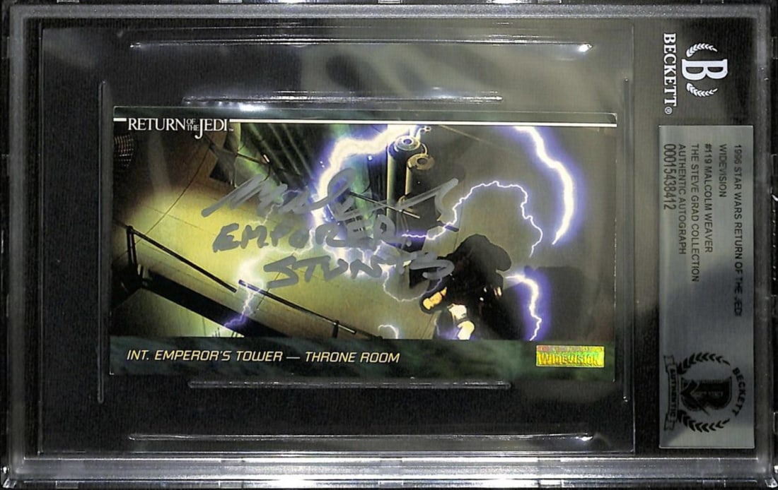 Beckett Certified Malcolm Weaver Star Wars ROTJ Widevision Autograph Card: Beckett Certified Malcolm Weaver Star Wars ROTJ Widevision Autograph Card This is a Star Wars: Return of the Jedi trading card featuring the Emperor's Tower - Throne Room scene, hand-signed by Malcolm