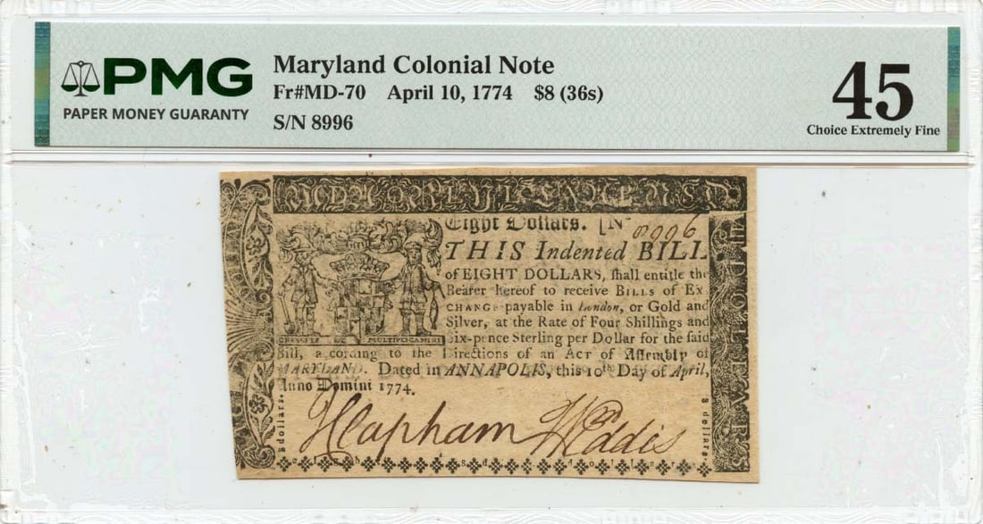 April 10 1774 Eight Dollar Maryland Colonial Currency PMG XF45: April 10 1774 Eight Dollar Maryland Colonial Currency PMG XF45 This is a Maryland Colonial Note dated April 10, 1774, with a face value of $8. Certified by PMG with a grade of XF45 Choice, this circul