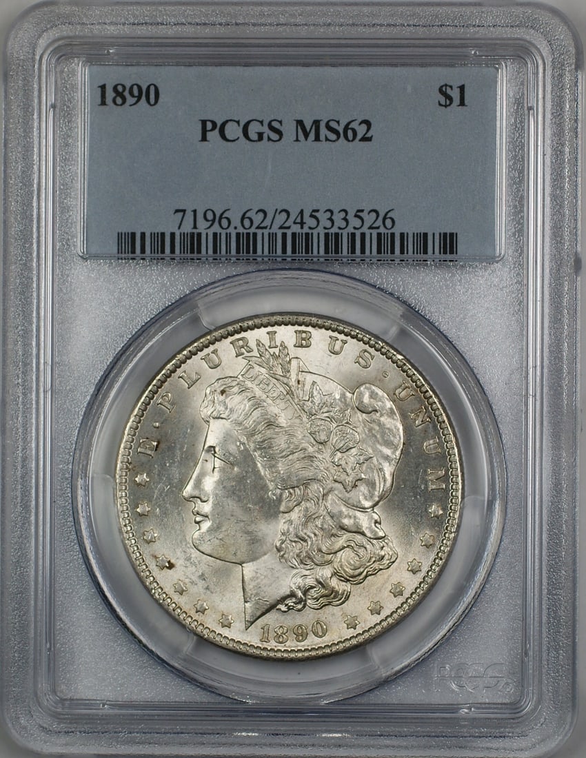PCGS MS-62 1890 Philadelphia Morgan Silver Dollar Uncirculated: PCGS MS-62 1890 Philadelphia Morgan Silver Dollar Uncirculated This is an 1890 Morgan Silver Dollar graded MS-62 by PCGS. Minted in Philadelphia, this uncirculated coin is composed of silver and origi