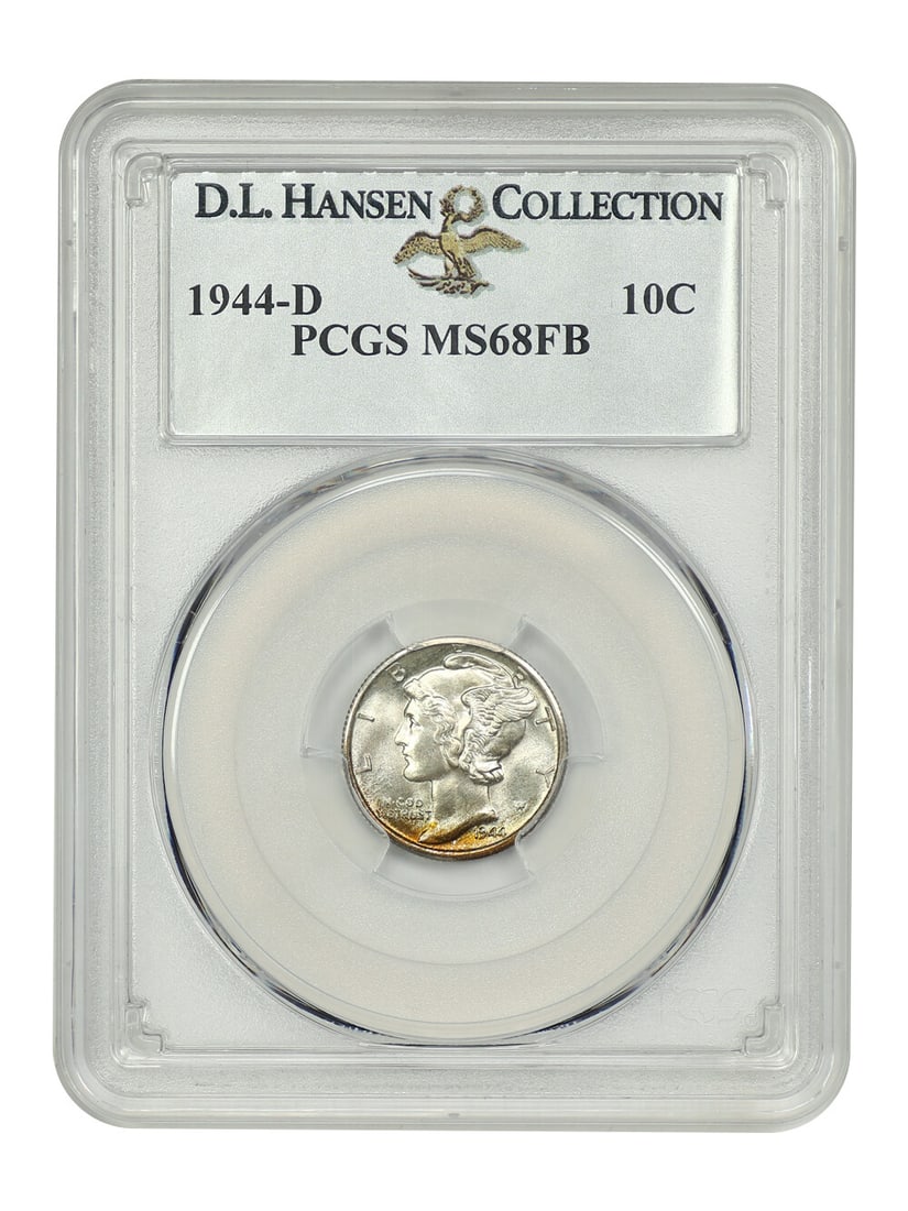 1944-D Mercury Dime 10C PCGS MS68FB Certified Uncirculated: 1944-D Mercury Dime 10C PCGS MS68FB Certified Uncirculated This 1944-D 10C Mercury Dime is certified by PCGS with a grade of MS68FB, denoting its remarkable uncirculated condition and full bands detai