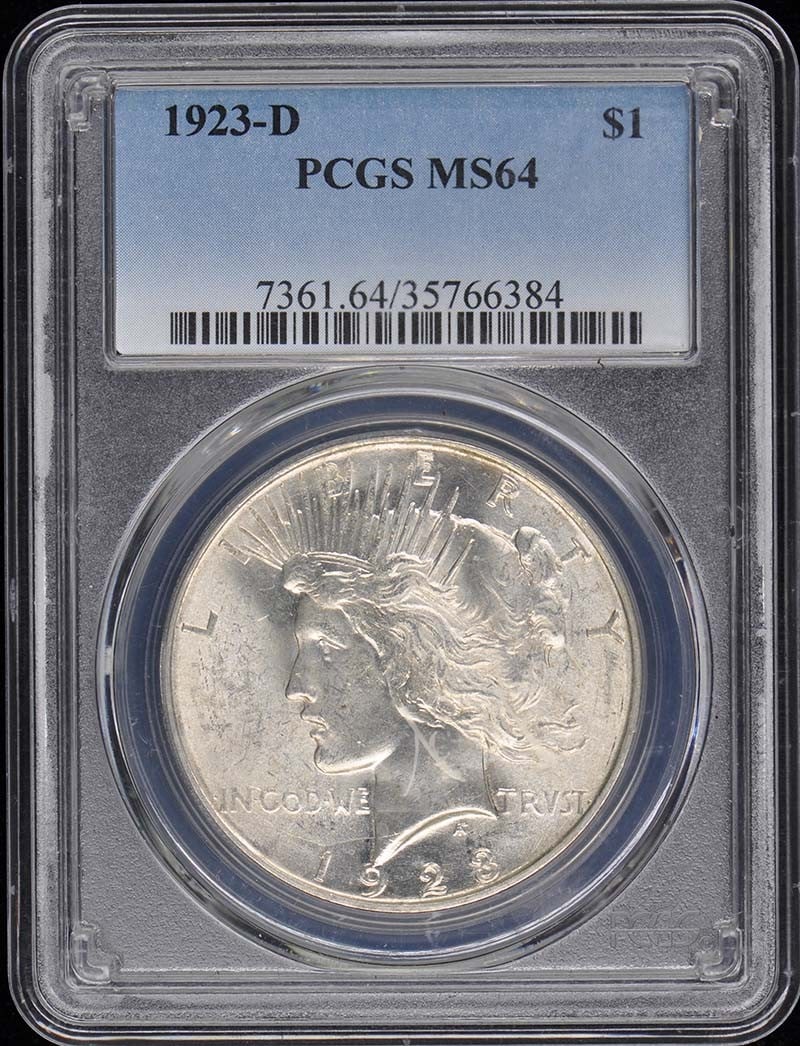 1923-D Peace Dollar PCGS MS64 Uncirculated Denver Coin: 1923-D Peace Dollar PCGS MS64 Uncirculated Denver Coin This 1923-D Peace Dollar is a remarkable coin with a certification from PCGS, graded at MS64. It represents an uncirculated condition and was min